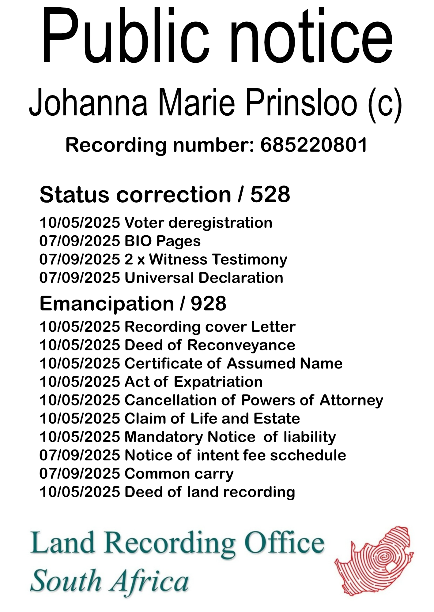 Public Notice Johanna Marie Prinsloo Recording Number 685220801
